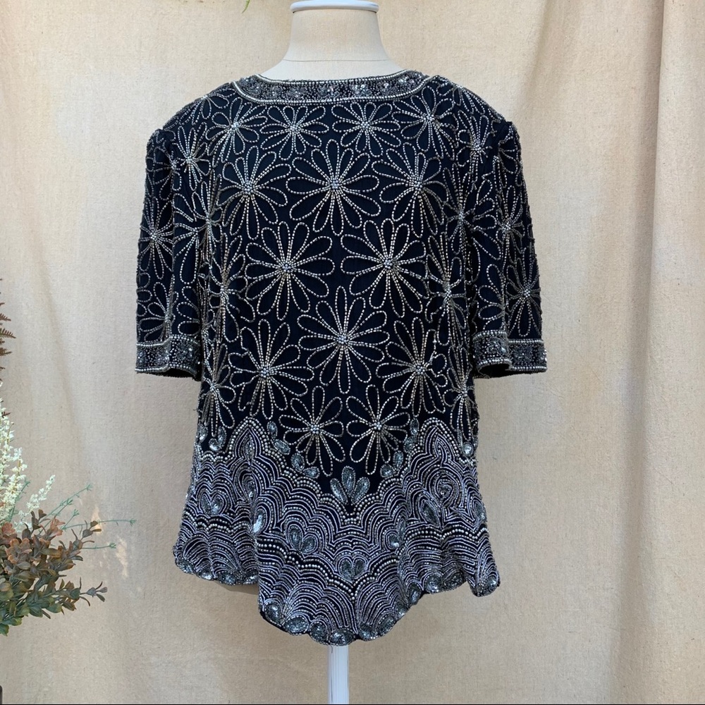 VINTAGE Silver Sequin Beaded Short Sleeve Blouse
